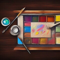 Art palette with brushes and Colorful paints with textures