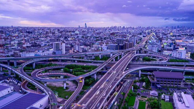 東大阪JCT夕焼けから夜景のタイムラプス動画