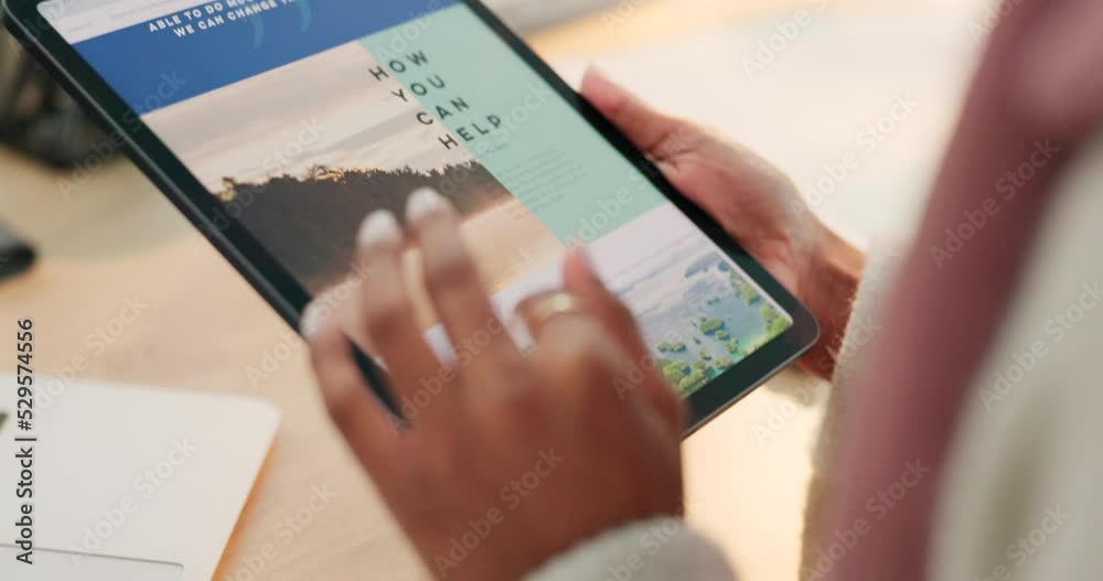 Poster Woman hands, tablet and internet browsing while scrolling on a website doing research for environmental volunteer, program or signup. Closeup of female using internet with 5g wifi network connection
