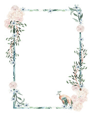 Watercolor frame with rose flowers and leaves. Illustration
