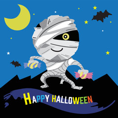 Fototapeta premium ハロウィン・キャンディを持つミイラ男のキャラクターイラスト