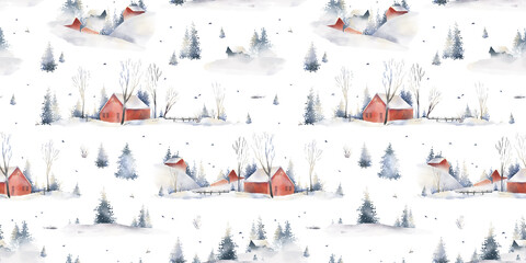 Watercolor hand drawn Christmas seamless pattern. Winter foggy landscapes, scandinavian village. Snow, red houses, trees, spruce, mountains, birds. New year elements isolated on white background.