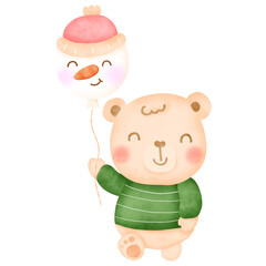 Cute cartoon  teddy bear boy with snowman balloons watercolor illustration for Christmas 