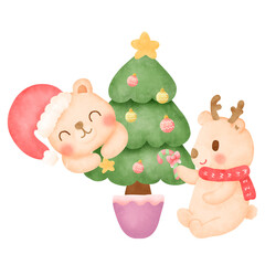 Cute bear decorations Christmas tree watercolor clipart 