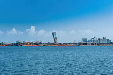 15 August 2022 - Abu Dhabi, UAE: Andaz Capital Gate hotel in Abu Dhabi, UAE - obrazy, fototapety, plakaty