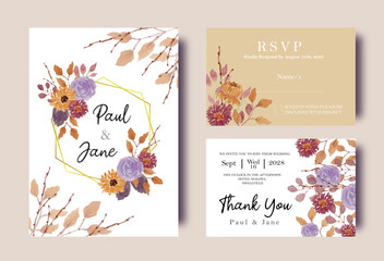 wedding invitation with autumn dried flowers watercolor template