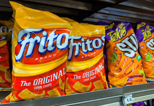 Sacramento, CA, USA September 9 2022 Bags of Fritos brand corn chips for sale at a supermarket shelf