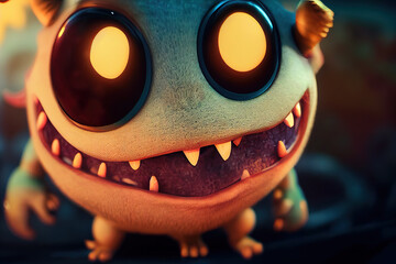 A cute monster close up shot, smiling. High quality 3d illustration