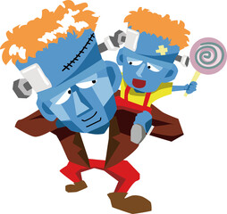 ハロウィン・肩車をして遊ぶフランケン親子のキャラクターイラスト