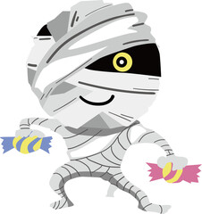 ハロウィン・キャンディを持つミイラ男のキャラクターイラスト