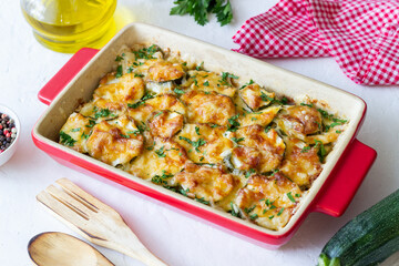 Casserole with zucchini and cheese. Healthy eating. Vegetarian food.