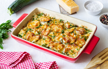 Casserole with zucchini and cheese. Healthy eating. Vegetarian food.