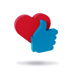 Blue like button over red heart floating realistic 3d rendering png image with background social media design shadow