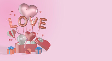 3D render rendered gift boxes heart balloons ribbon bows balloon love text suitable for valentines day birthday or anniversary
