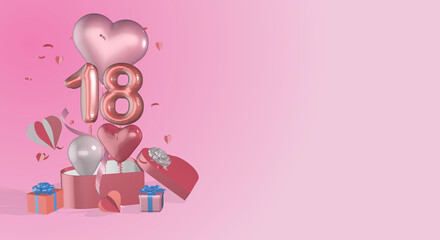 3D render rendered gift boxes heart balloons ribbon bows balloon numbers numerals suitable for 18th birthday or anniversary