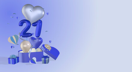 3D render rendered gift boxes heart balloons ribbon bows balloon numbers numerals suitable for 21st birthday or anniversary