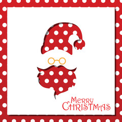 Merry Christmas greeting card with paper hipster Santa Claus beard, mustache, and Xmas hat. Modern paper cut style background. Vector illustration