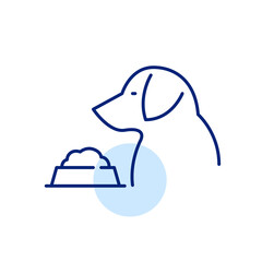 Dog with a bowl full of food. Pet supplies icon. Pixel perfect, editable stroke line