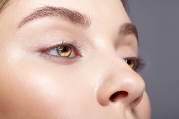 Closeup macro shot of human female eye with nude makeup.