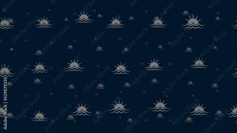 Poster sunrise at sea symbols float horizontally from left to right. parallax fly effect. floating symbols 