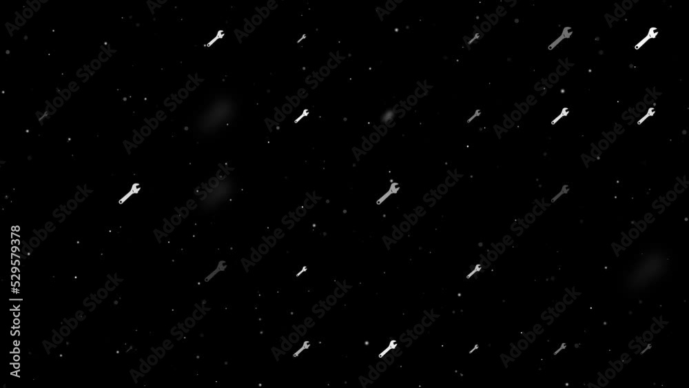 Poster template animation of evenly spaced adjustable wrench symbols of different sizes and opacity. animat