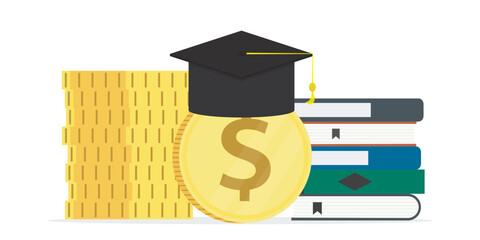 Money for education in college, investment in school. Scholarship of student. Tuition fees, textbooks and graduation hat. Finance loan, debt for study in university. Stacks of dollar coins.