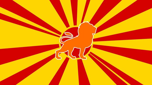 Lion symbol on the background of animation from moving rays of the sun. Large orange symbol increases slightly. Seamless looped 4k animation on yellow background