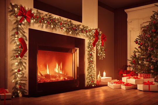 3d illustration of burning fireplace with christmas tree