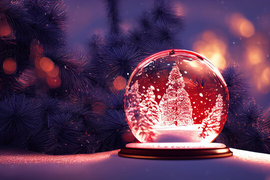illustration of hristmas snow globe with christmas tree and snow inside