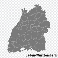 Map Free State of Baden-Wurttemberg on transparent background. Baden-Wurttemberg map with  districts  in gray for your design. Land of Germany. EPS10.