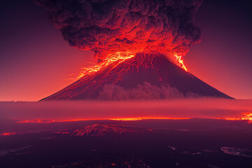 3d illustration volcano eruption lava at night epic colors - obrazy, fototapety, plakaty