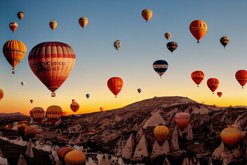Colorful hot air balloons in Cappadocia Turkey 3d illustration