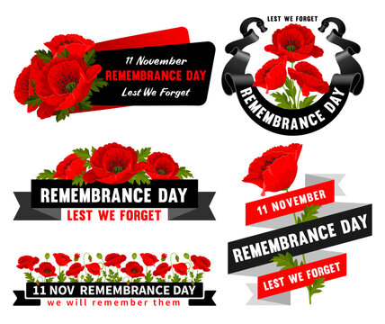 Set of emblems for Remembrance Day. Lest We forget. Cartoon red poppy flowers, international symbol of peace, black memorial ribbon and lettering isolated on white background. Vector Illustration