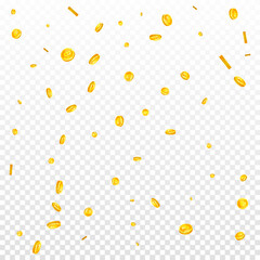 Bitcoin coins falling. Cryptocurrency scattered