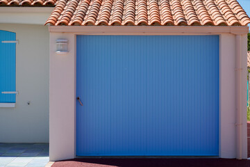 sliding garage door car roller door blue closed metal gate