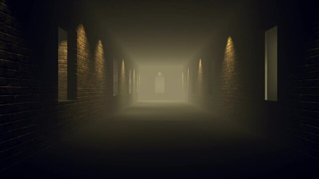 Camera moves from one side to another dim light shot of brick walls abandon building with fog, dark theme, 4K 60FPS. High-Quality Asset.
