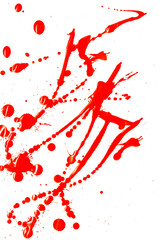 Drops of red paint on a white background.