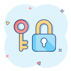Key with padlock icon in comic style. Access login vector cartoon illustration pictogram. Lock keyhole business concept splash effect.