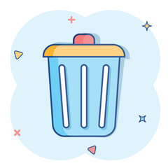 Trash bin garbage icon in comic style. Trash bucket vector cartoon illustration pictogram. Garbage basket business concept splash effect.