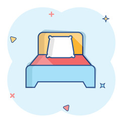 Bed icon in comic style. Sleep bedroom vector cartoon illustration pictogram. Relax sofa business concept splash effect.