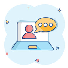 Online training process icon in comic style. Webinar seminar vector cartoon illustration pictogram. E-learning business concept splash effect.