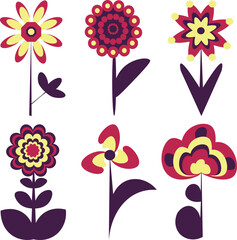 Flat flowers set, red yellow blue flowers