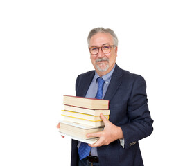 Senior teacher standing holding a book, with suit with necktie.