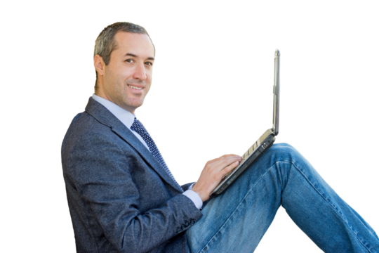 Successful business man looking confident and smiling with suit with necktie, with laptop.