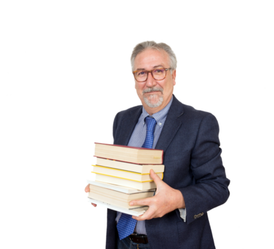 Senior teacher standing holding a book, with suit with necktie. - Powered by Adobe