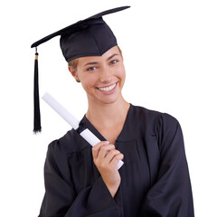 Graduation, a certificate or learning diploma for a student with an education scholarship at college or university on a png, transparent and mockup or isolated background. A woman graduate and degree