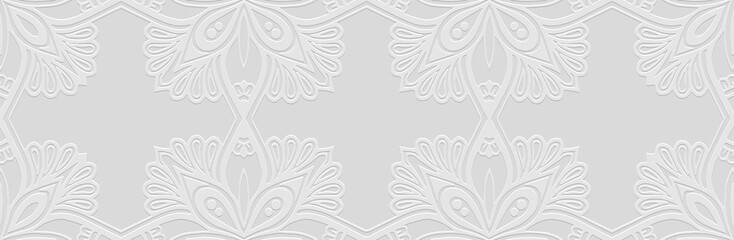 Banner, cover design. Embossed ethnic vintage 3d pattern on a white background, boho style, paper press. Tribal ornamental themes of the East, Asia, India, Mexico, Aztecs, Peru.