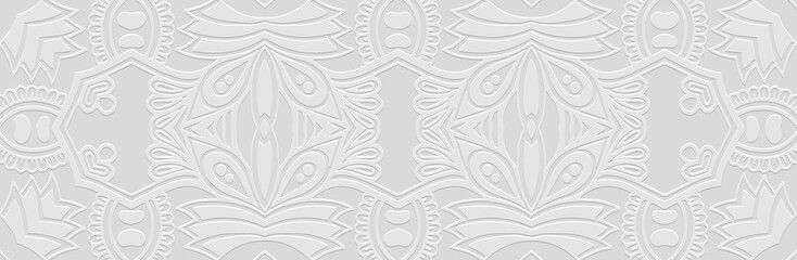 Banner, cover design. Embossed ethnic elegant 3d pattern on a white background, boho style, paper press. Tribal ornamental themes of the East, Asia, India, Mexico, Aztecs, Peru.