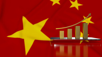 The gold business chart and tablet on Chinese flag background 3d rendering