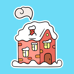 Cute colorful house with snow, winter house, sticker icon, vector design element, hand drawn